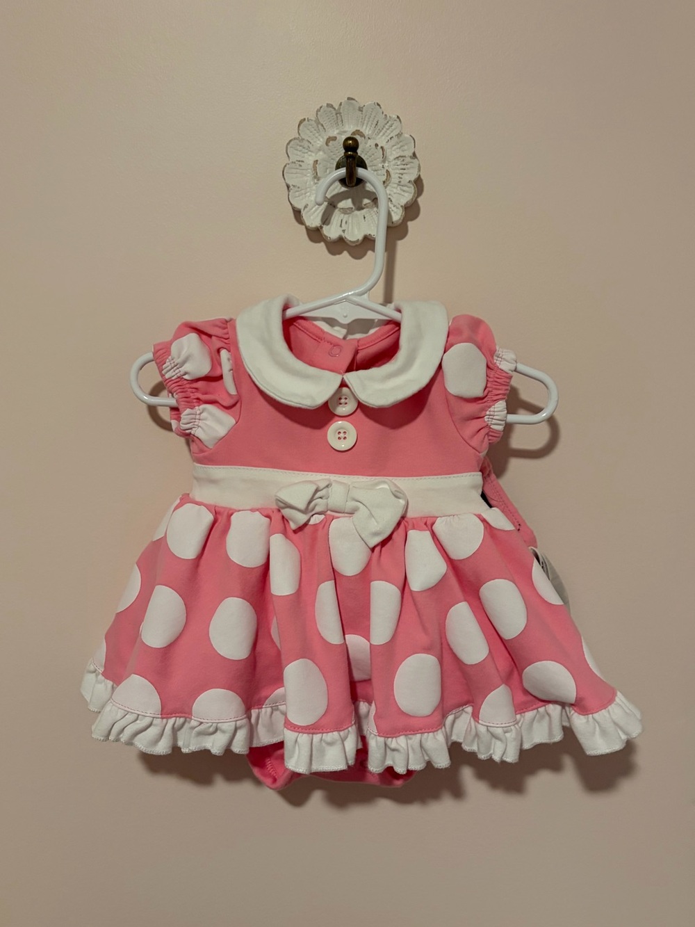 Disney Baby Pink and White Polka Dot Mini Mouse Onesie with Skirt with Front Bow